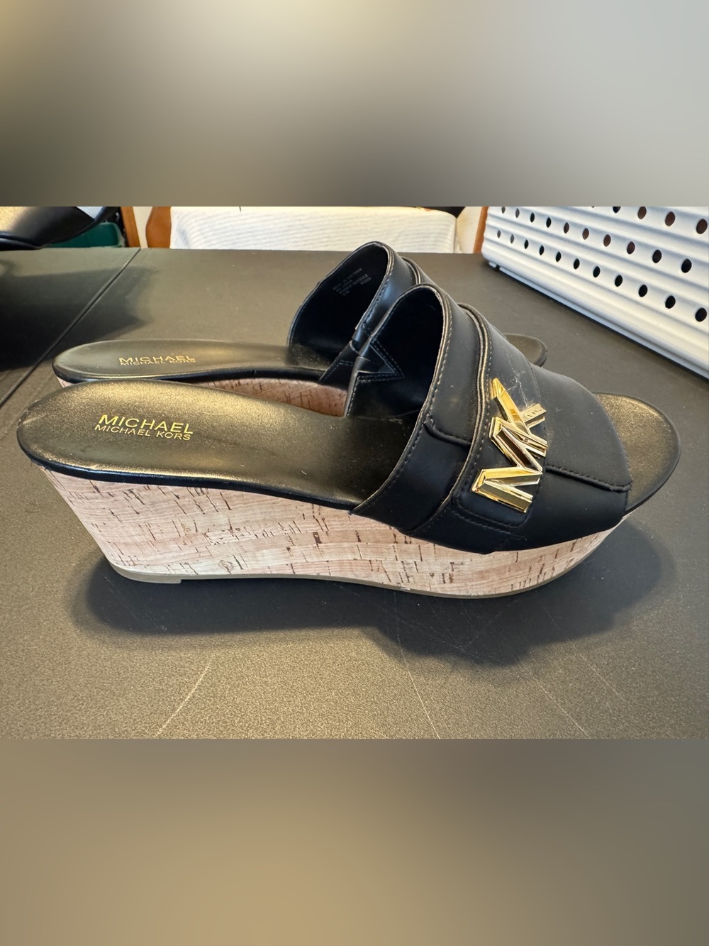 Michael Kors Black Leather Cork Wedge Slide with Gold MK Accent